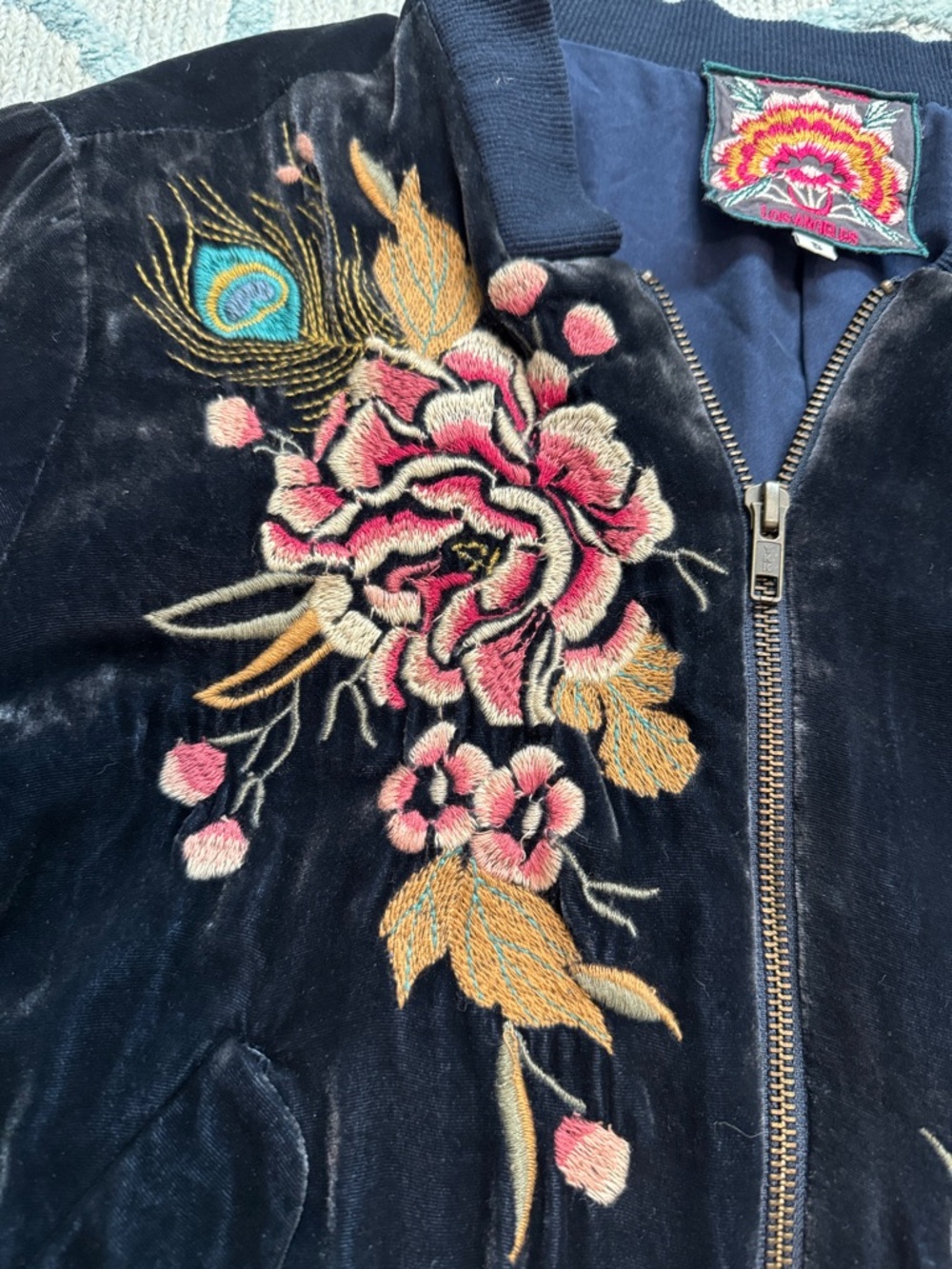 Johnny Was velvet Navy Jacket with Fuchsia & Yellow Embroidered Floral Patch - Picture 8 of 8
